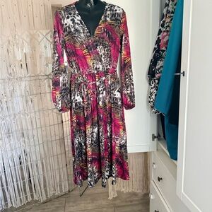 Allure Fuchsia and Black Long Sleeve Midi Wrap Dress